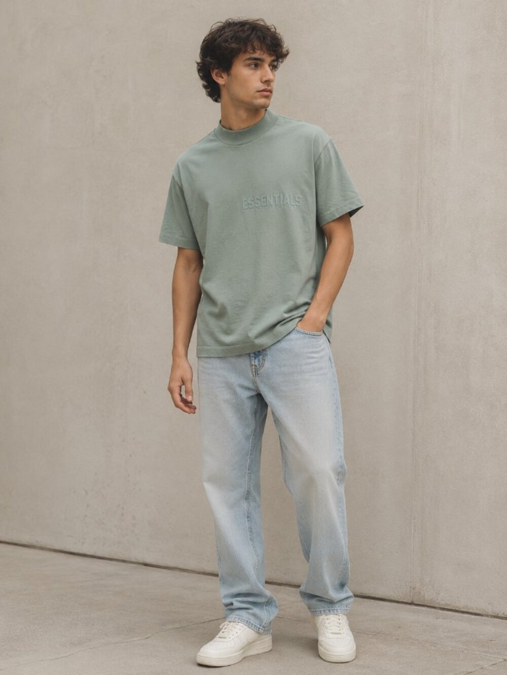 Fear of God Essentials Tee Small Sycamore Green Mock Neck Streetwear